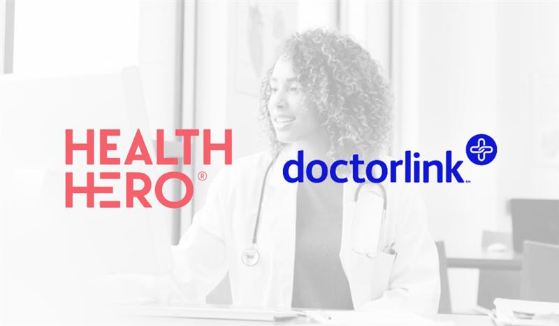 Image shows a young female doctor in a white coat and a stethescope around her neck in faded black and white with the HealthHero logo and doctorlink logo superimposed
