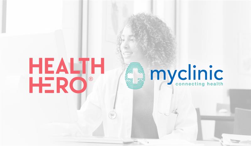 Image shows a young female doctor in a white coat and a stethescope around her neck in faded black and white with the HealthHero logo and myclinic logo superimposed