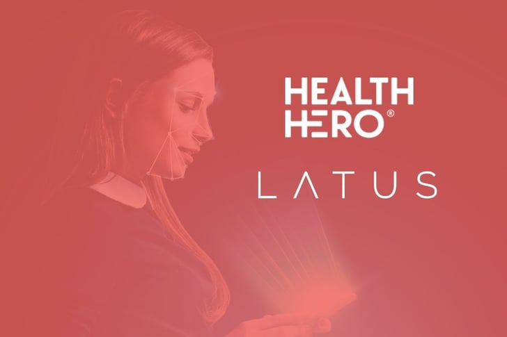 Image is the graphic for HealthHero Latus which features a young woman holding a phone with light that shines from the screen and a pattern suggesting biometrics on her face all in hues of red