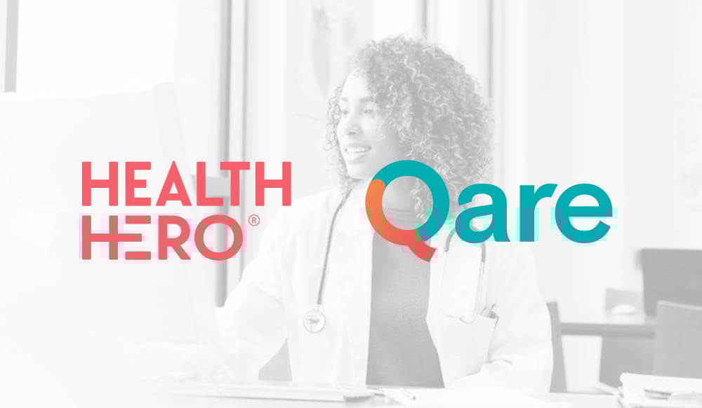 Image shows a young female doctor in a white coat and a stethescope around her neck in faded black and white with the HealthHero logo and Qare logo superimposed