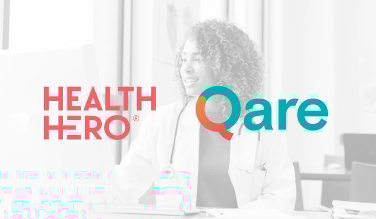 Image shows a young female doctor in a white coat and a stethescope around her neck in faded black and white with the HealthHero logo and Qare logo superimposed