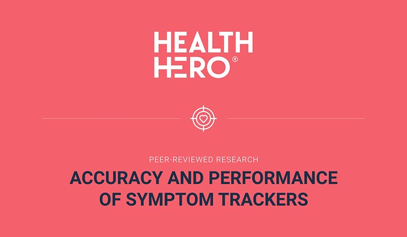 Image shows HealthHero logo and the title 'Accuracy and Performance of Symptom Trackers' against a red background