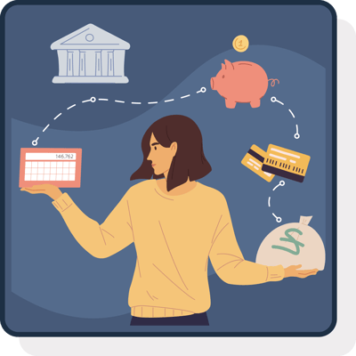 Illustration of a woman juggling credit cards, bills, and cash with a bank in the background