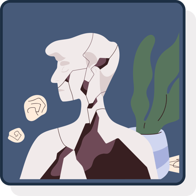Illustration of a statue of a man with missing pieces floating away