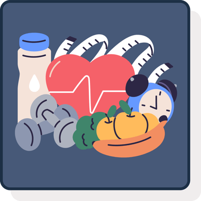 Illustration of a heart with a pulse line among a bottle of milk, dumbbells, fruit and veg, and a stopwatch