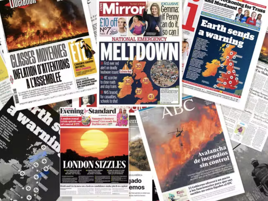Newspaper clippings from July 2022 show headlines of heatwave crisis including "meltdown" and "London Sizzles"