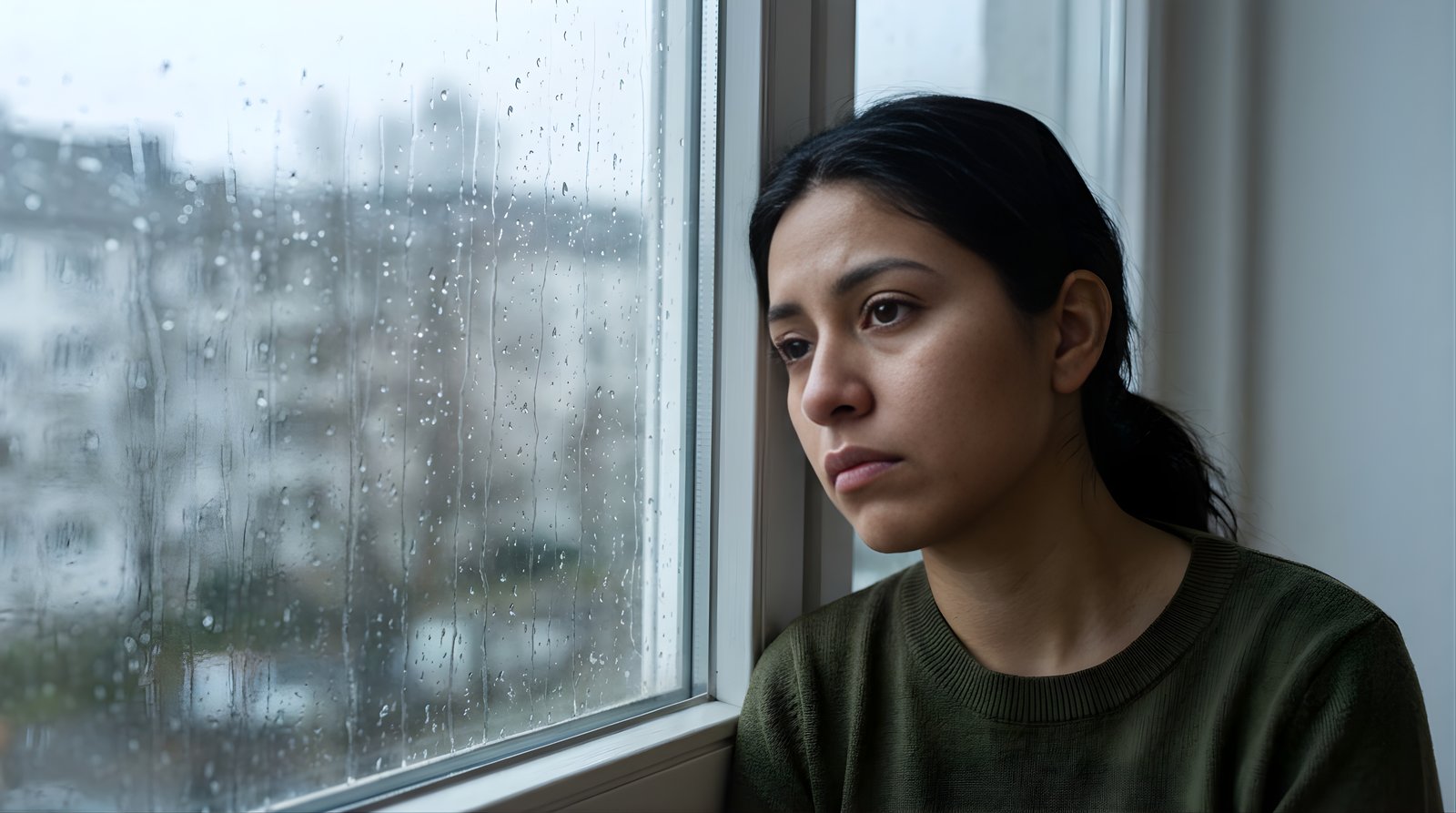 Woman sitting alone gazing out a rain-streaked window, reflecting on grief and loss