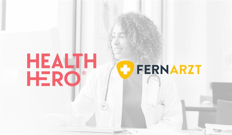 Image shows a young female doctor in a white coat and a stethescope around her neck in faded black and white with the HealthHero logo and Fernarzt logo superimposed