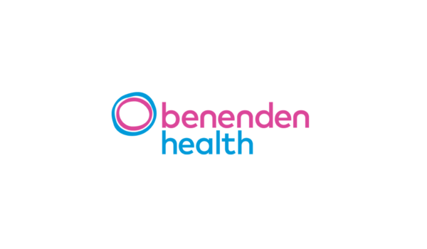 Image shows logo for Benenden Health in pink and blue against a white background