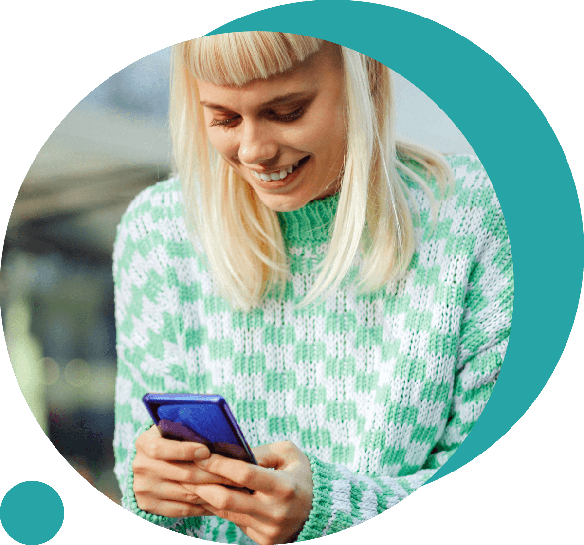 young woman smiling while accessing our care network